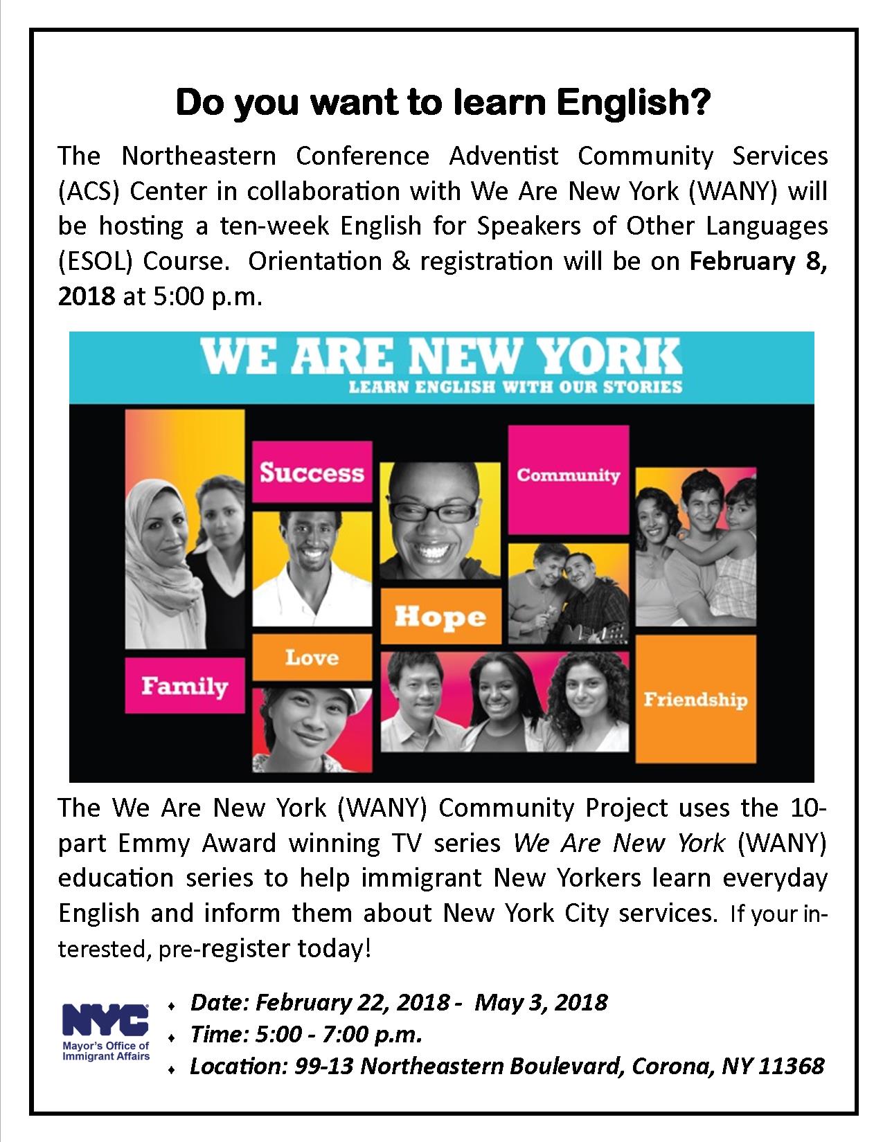We Are New York English Language Class flyer
