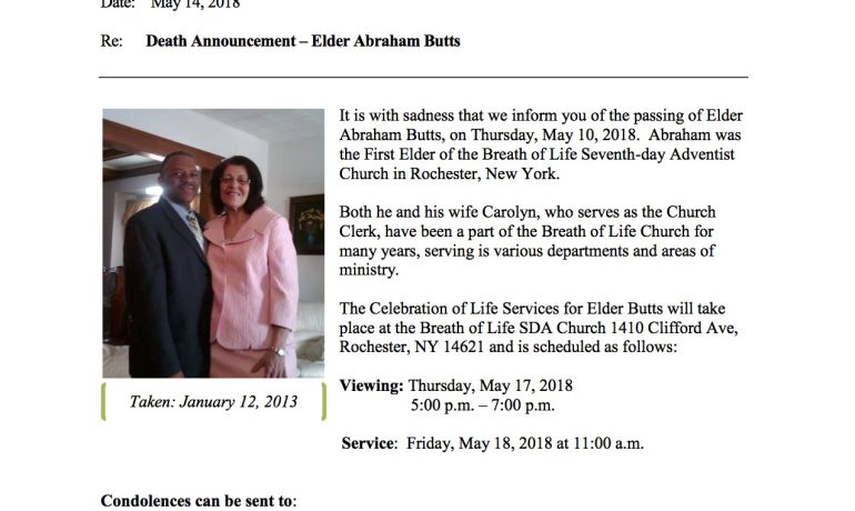 Death Announcements Abraham Butts First Elder of Breath of Life SDA Church