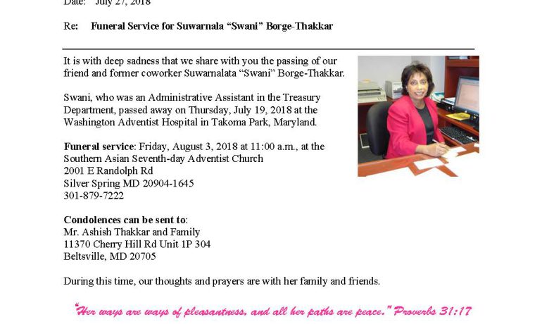 Funeral Service Announcement Suwarnalata Swani Thakkar