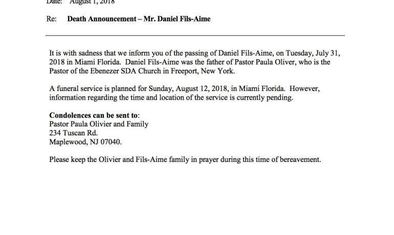 Death Announcement Daniel Fils Aime2c father of Pastor Paula Olivier
