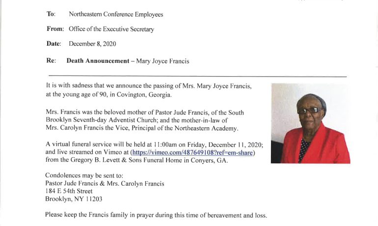 Death Announcement Mary J. Francis